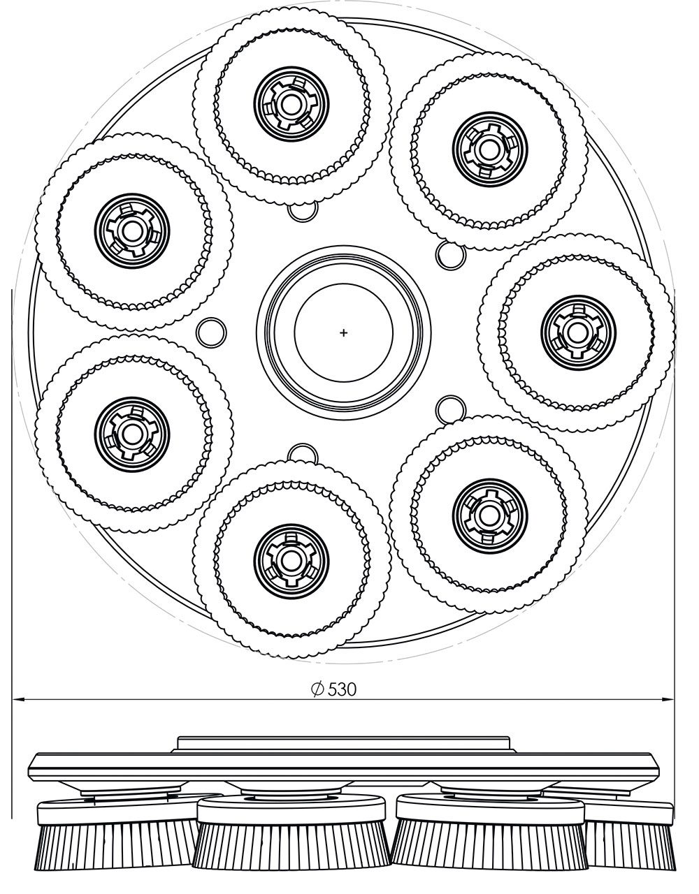 Strichzeichnugn der Contral-Bürste mit 530mm Durchmesser in der Drauf- und Seitenansicht